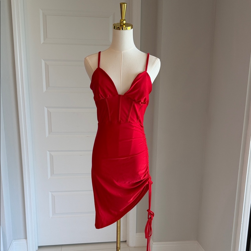 SHEIN Red Satin Ruched Asymmetrical Mini Dress